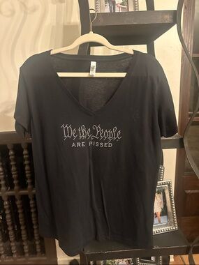 Women's Black V-Neck Tee with Rhinestone 'We The People' Script